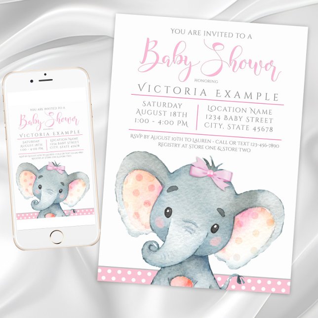 Mädchen Adorable Elephant Baby Shower Einladungen (Girls Elephant Baby Shower Invitations. Instant download and printed invitations available.)