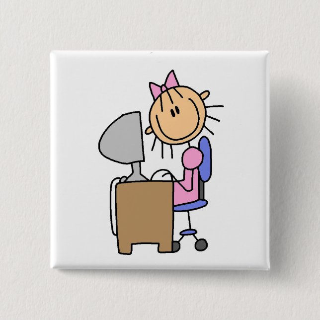 Mädchen am Computer Button (Vorderseite)