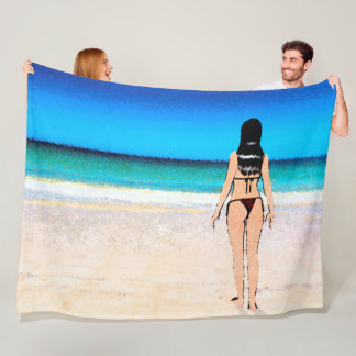 Mädchen am Strand mit einem Bikini-Gemälde Fleecedecke