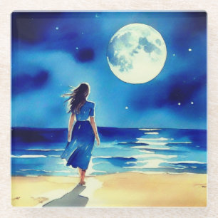 Mädchen am Strand unter einem Vollmond Glasuntersetzer