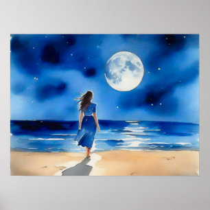 Mädchen am Strand unter einem Vollmond Poster