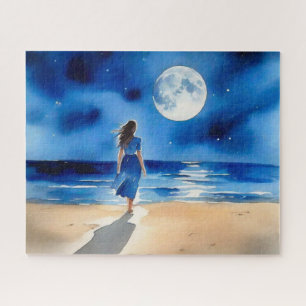 Mädchen am Strand unter einem Vollmond Puzzle