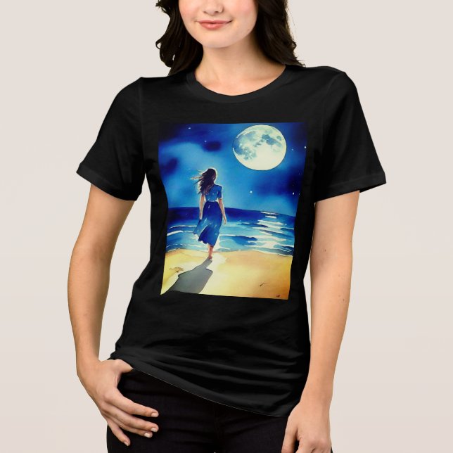 Mädchen am Strand unter einem Vollmond Tri-Blend Shirt (Vorderseite)