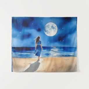 Mädchen am Strand unter einem Vollmond Wandteppich