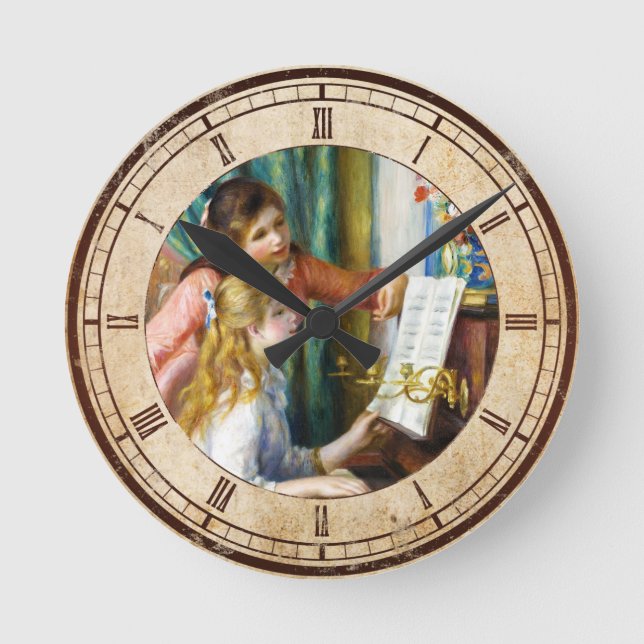 Mädchen an der Malerei Klavier-Pierres Auguste Runde Wanduhr (Vorderseite)