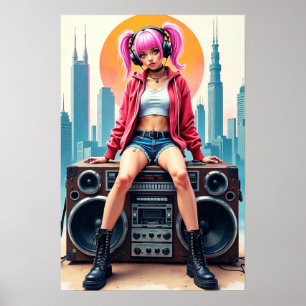 Mädchen an einem Vintage-Tonbandgerät Poster