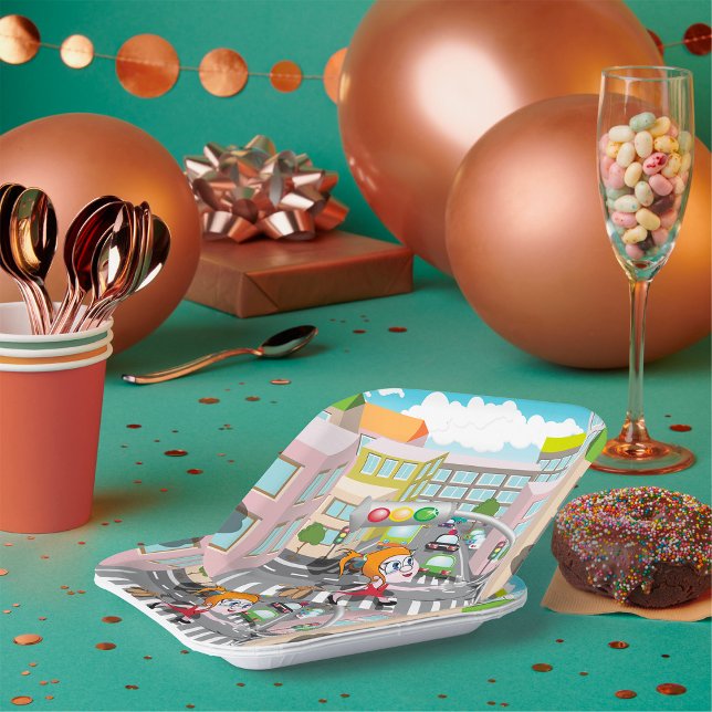 Mädchen an einer Fußgängerüberquerung Pappteller (Von Creator hochgeladen)