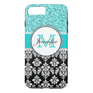 Mädchen, Aquamarin, Glitzer Black Damask Personali Case-Mate iPhone Hülle