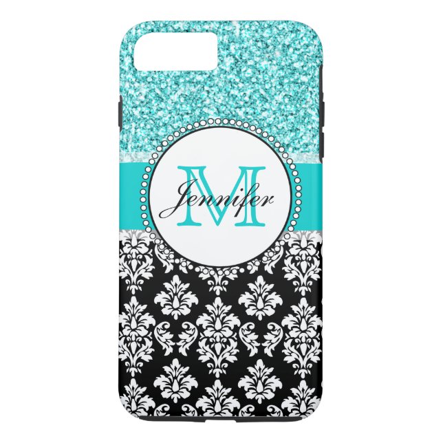 Mädchen, Aquamarin, Glitzer Black Damask Personali Case-Mate iPhone Hülle (Rückseite)