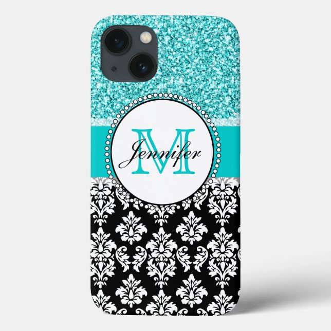 Mädchen, Aquamarin, Glitzer Black Damask Personali Case-Mate iPhone Hülle (Rückseite)