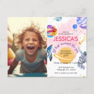 Mädchen Astronaut Weltraum Raketenschiff Planet Postkarte