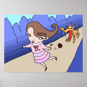 Mädchen auf der Flucht vor einem wilden Wolf. Poster