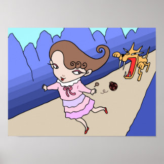 Mädchen auf der Flucht vor einem wilden Wolf. Poster