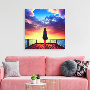 Mädchen auf einem Pier bei Sonnenuntergang Leinwanddruck