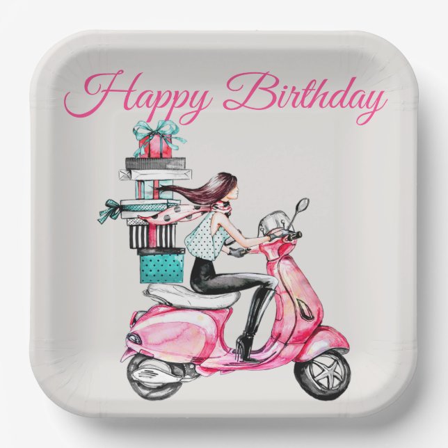 Mädchen auf einem Scooter mit Geschenken Pappteller (Vorderseite)