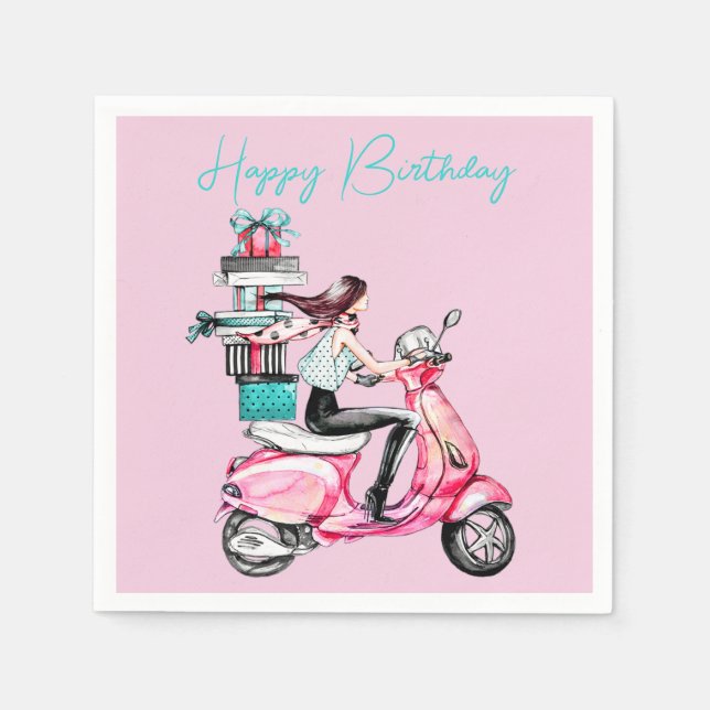 Mädchen auf einem Scooter mit Geschenken Serviette (Vorderseite)
