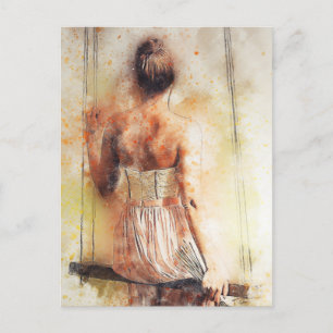Mädchen auf einer Schaukel Aquarell Postkarte