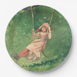 Mädchen auf einer Schaukel (Ländliche Kindheit) (W Pappteller