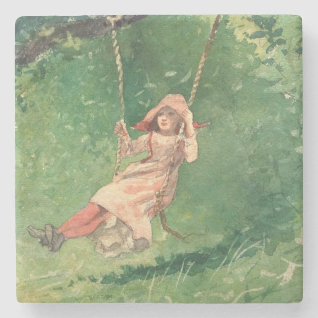 Mädchen auf einer Schaukel (Ländliche Kindheit) (W Steinuntersetzer (Vorderseite)