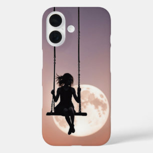 Mädchen auf einer Schaukel Silhouette auf einem Mo iPhone 16 Hülle