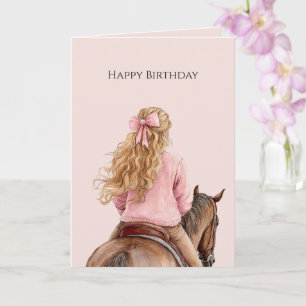 Mädchen auf Pferd reitend rosa Schleife Geburtstag Karte