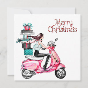 Mädchen auf Roller mit Geschenken Frohe Weihnachte Karte