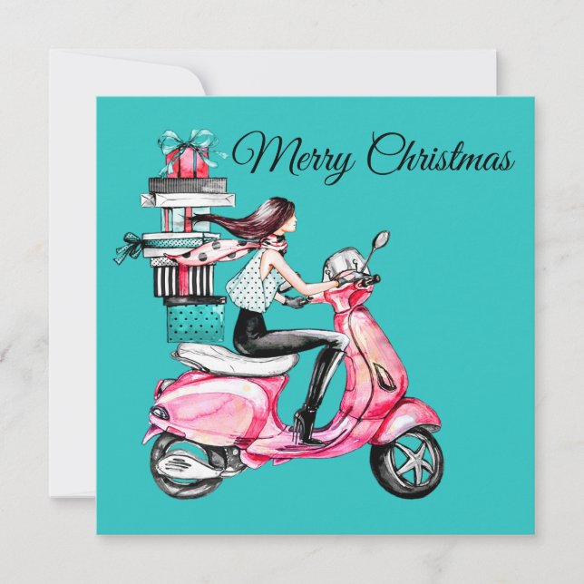 Mädchen auf Roller mit Geschenken  Karte (Vorderseite)