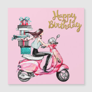 Mädchen auf Roller mit Geschenken Magnetkarte