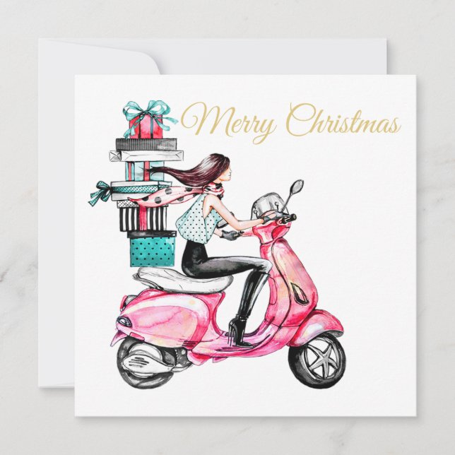 Mädchen auf Roller mit Weihnachtsgeschenken Karte (Vorderseite)