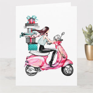 Mädchen auf Roller mit Weihnachtsgeschenken Karte