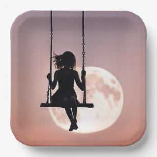 Mädchen auf Schaukel mit Mond Pappteller