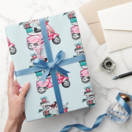 Mädchen auf Scooter, die Präsentationen tragen Geschenkpapier