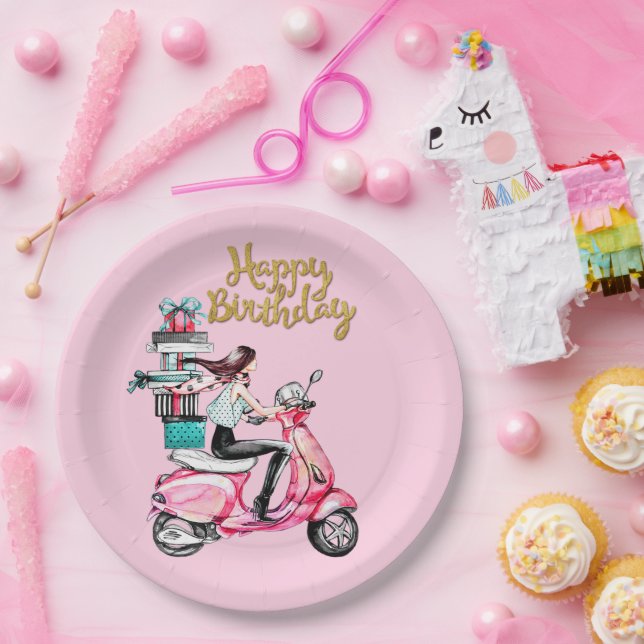 Mädchen auf Scooter, die Präsentationen tragen Pappteller (Party)