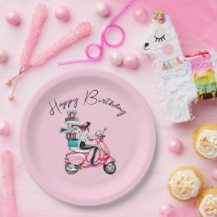 Mädchen auf Scooter Happy Geburtstag Pappteller