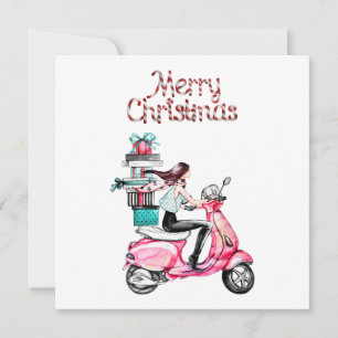 Mädchen auf Scooter mit Geschenken Frohe Weihnacht Feiertagskarte