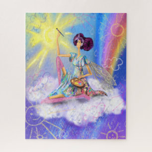 Mädchen auf Wolkenmalerei Sonne und Regenbogen - F Puzzle