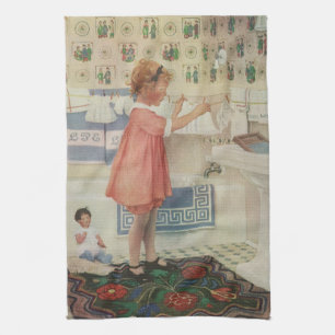 Mädchen aus früherer Zeit, Kind beim Wäscheaufhäng Geschirrtuch