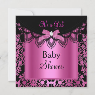 Mädchen-Baby-Party Damast Hot Pink Schwarz Einladung