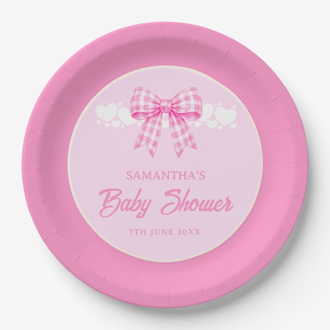 Mädchen-Baby-Party mit rosa Gingham-Schleife Pappteller (Vorderseite)