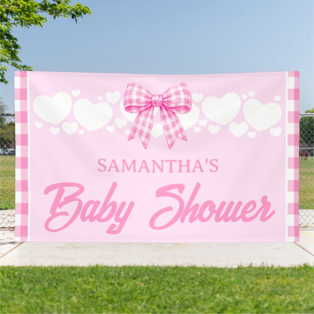 Mädchen-Baby-Party rosa Gingham-Schleife Banner (Außenbereich)