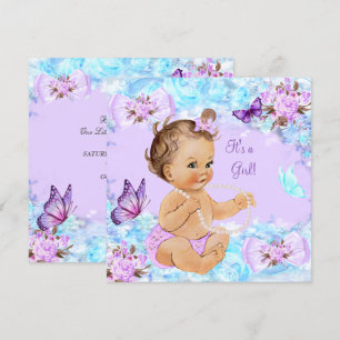 Mädchen-Baby-Party Teal Lila Schmetterling Brünett Einladung