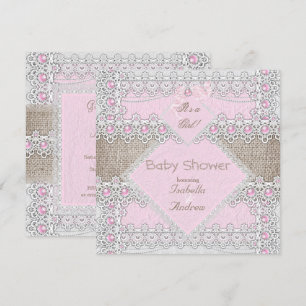 Mädchen Baby Shower Rosa Perlen-Schleife Spitze Ju Einladung