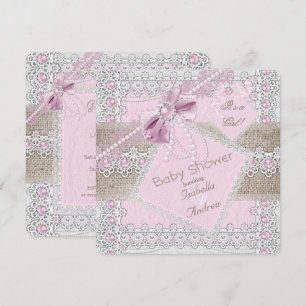 Mädchen Baby Shower Rosa Perlenbogen Spitze Jute 2 Einladung
