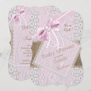Mädchen Baby Shower Rustikal Rosa Schleife Perlen  Einladung