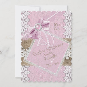 Mädchen Baby Shower Rustikal Rosa Schleife Spitze  Einladung