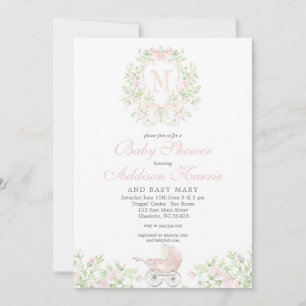 Mädchen Babywagen Monogramm Einladung