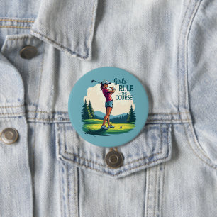 Mädchen beherrschen den Kurs Retro-Golf-Illustrati Button