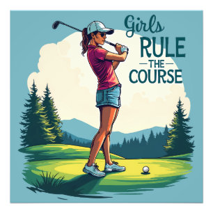 Mädchen beherrschen den Kurs Retro-Golf-Illustrati Fotodruck