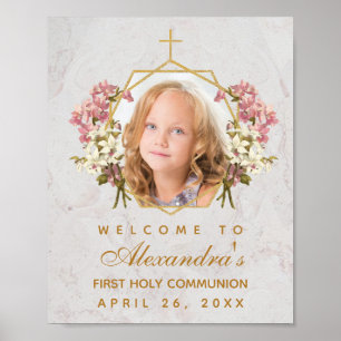 Mädchen bei der Erstkommunion Foto Rosa Orchideen  Poster