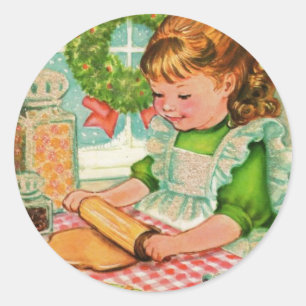 Mädchen beim Backen von Weihnachtsplätzchen, Vinta Runder Aufkleber